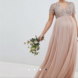 ASOS Maya Maternity Sequin Top Tulle Blush Maxi Dress V-Neck Cap Sleeve